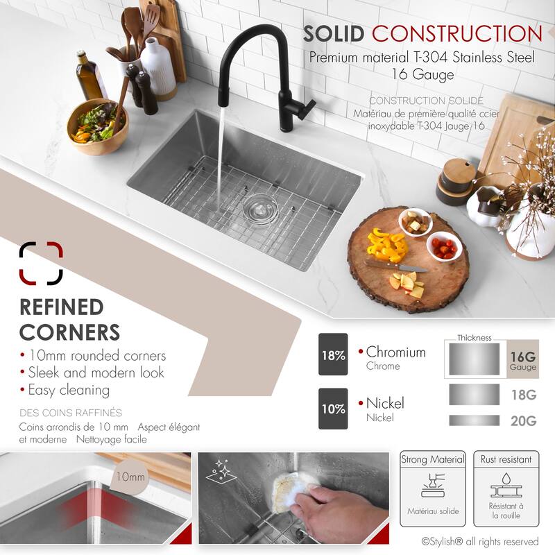 Undermount 28" Single-Bowl Stainless Steel 16G Kitchen Sink S-306XG - 28" x 18" x 10"