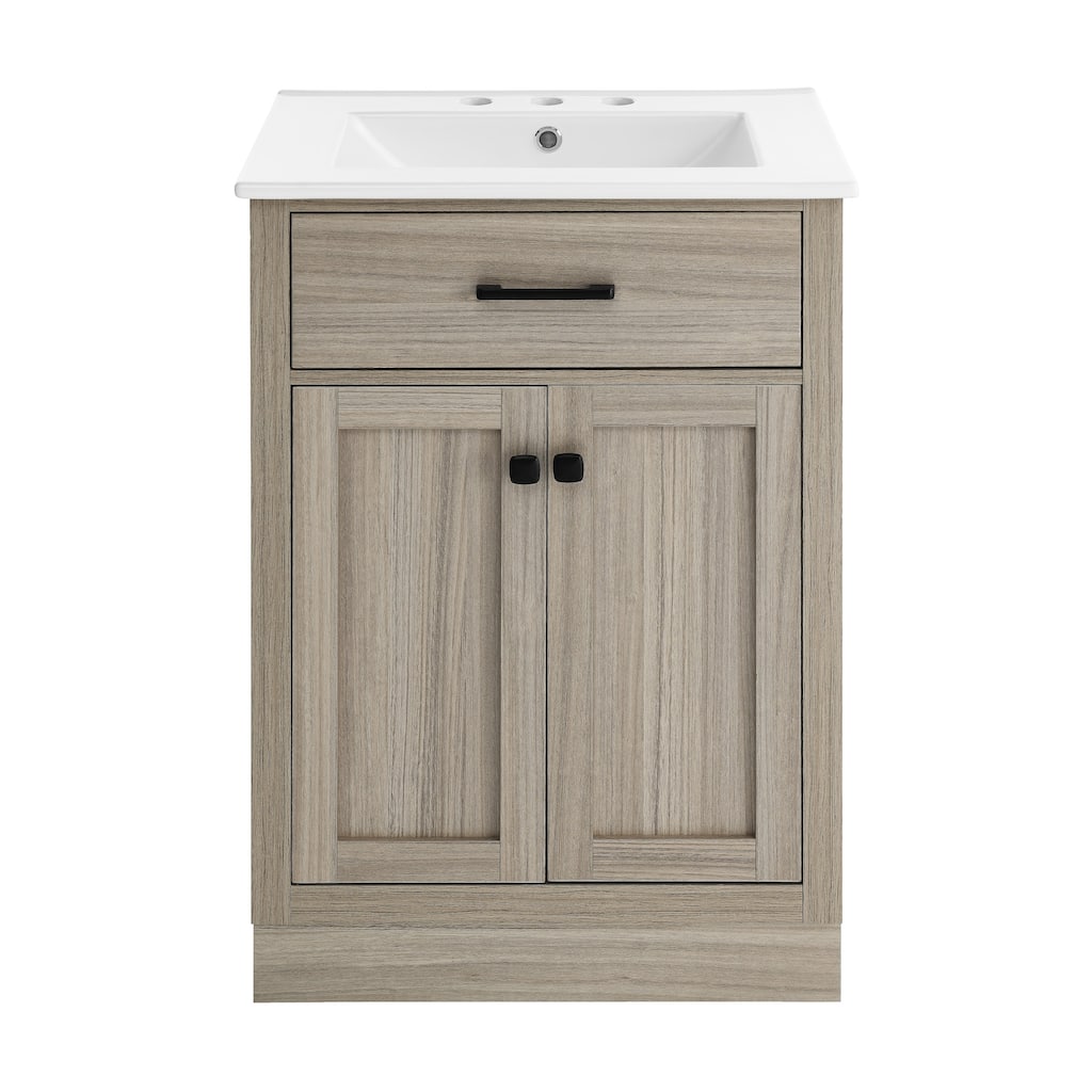 Burdon 24 In. Brown Oak Bathroom Vanity With White, 3-Hole Ceramic Sink Top