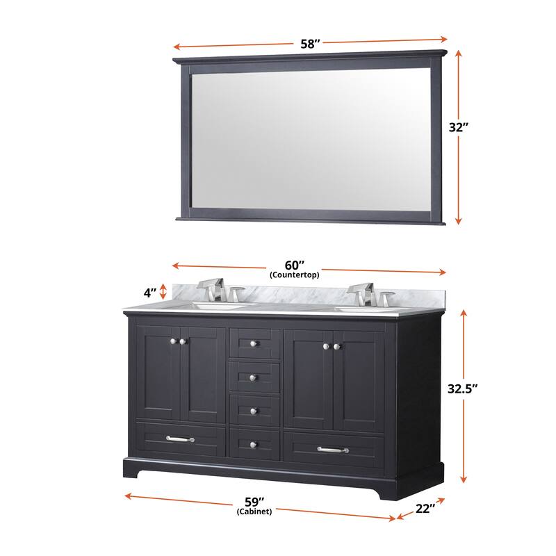 Dukes 60 in. W x 22 in. D Navy Blue Double Bath Vanity, Carrara Marble Top, Faucet Set, and 58 in. Mirror