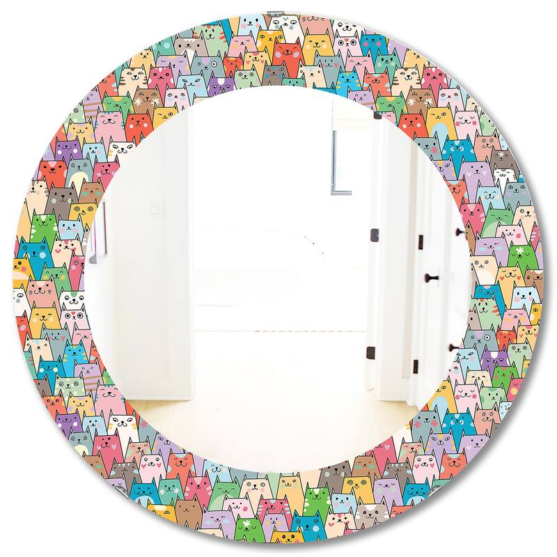 Designart 'Funny Cat'S Heads Pattern' Printed Modern Mirror - Oval or Round Wall Mirror - Pink - 24in.x24in.