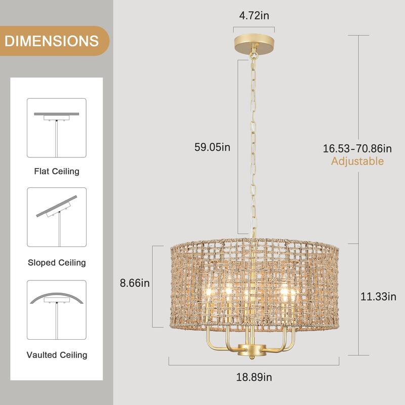 5 - Light Dimmable Drum Chandelier Natural Rattan Bohemian & Coastal Pendant - 18.9 in