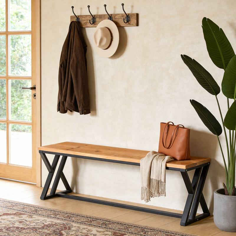 Solid Wood Entryway Bench With Metal Legs