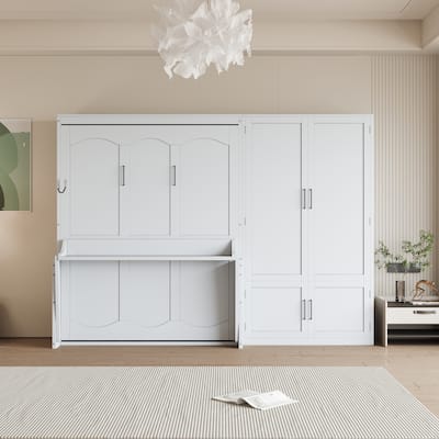 Queen Size Murphy Bed with Built-in Closet, Space Saving Wall Bed Cabinet with Hanging Storage & Shelves