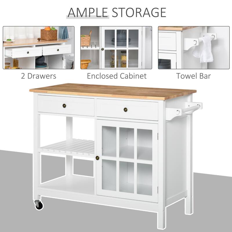 HOMCOM Kitchen Island Utility Storage Cart with Rubber Wood Top, Towel Rack, 2 Cabinets & Drawers for Dining Room