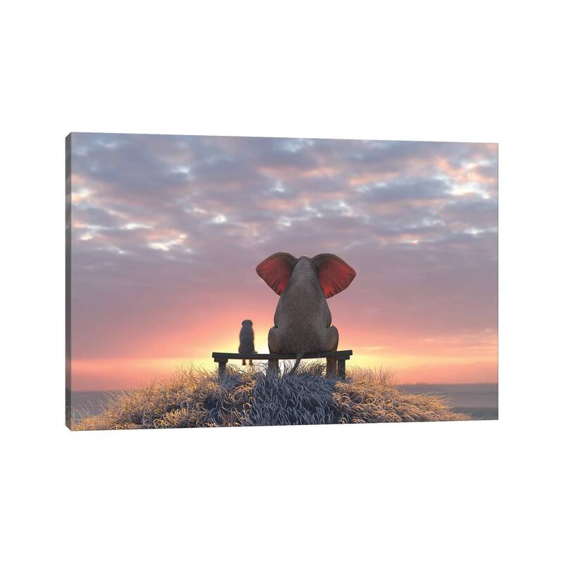 iCanvas "Elephant And Dog Watch The Sunrise On The Seashore" by Mike Kiev Canvas Print