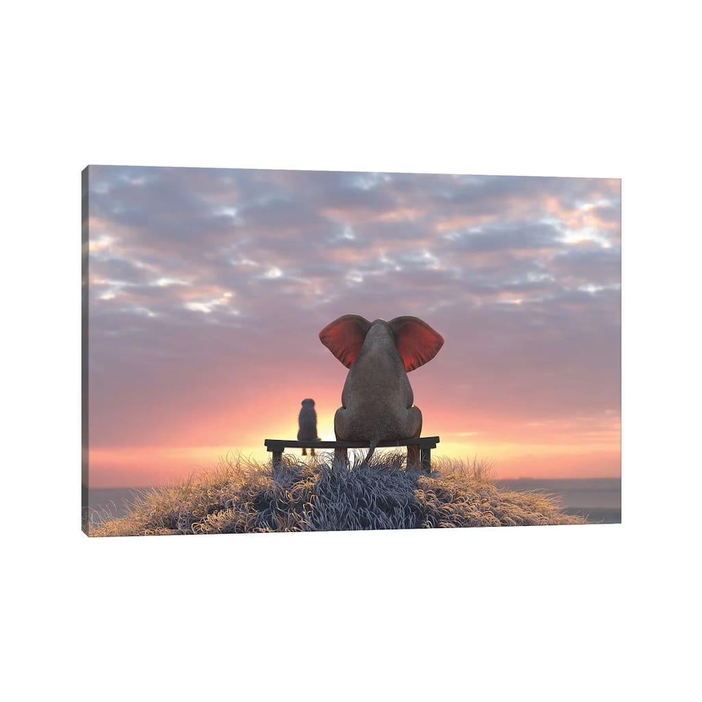 iCanvas "Elephant And Dog Watch The Sunrise On The Seashore" by Mike Kiev Canvas Print