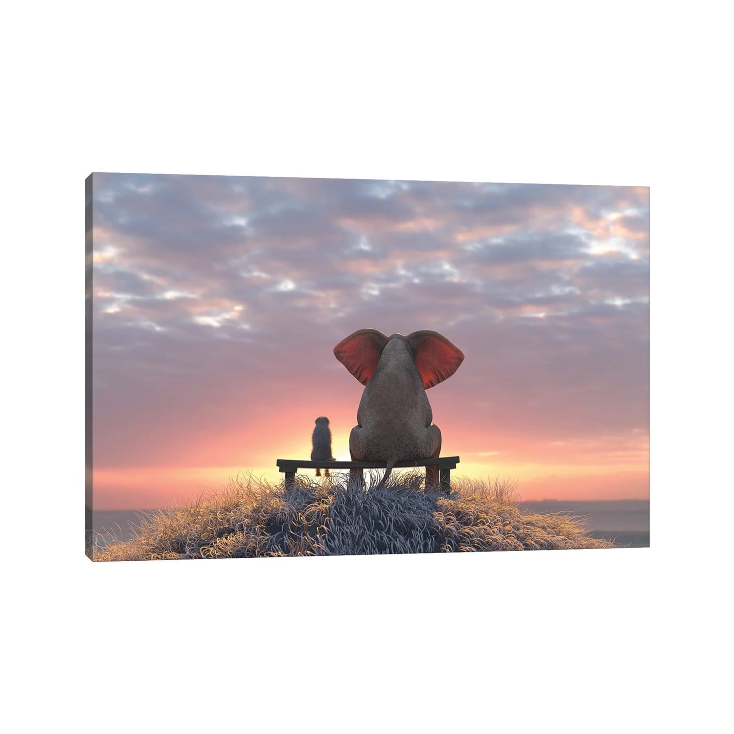 iCanvas "Elephant And Dog Watch The Sunrise On The Seashore" by Mike Kiev Canvas Print