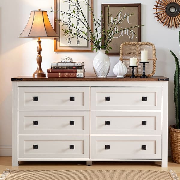 Farmhouse 6 Drawer Dresser, Wood TV Stand, Chest of Drawers - Antique White