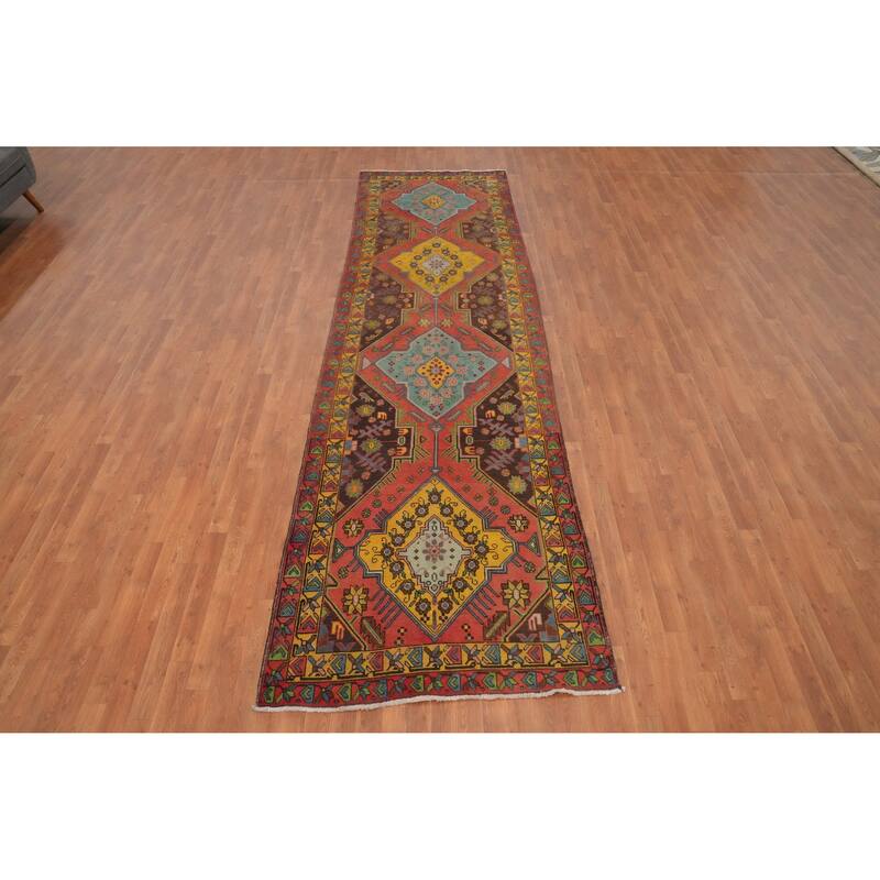 Hand Knotted Oriental 100% Wool Carpet Traditional Geometric Oranges & Rust Ardebil Runner Rug - 13' 9'' X 3' 11''