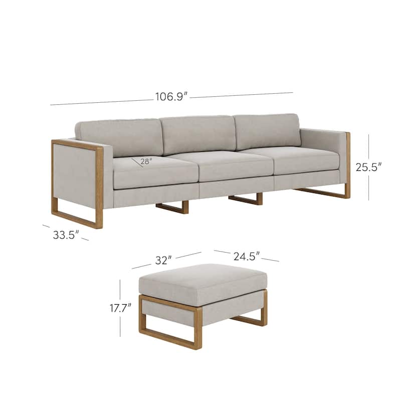 Madison Modern 3-Seater Sofa Set with Storage Ottoman, Upholstered Modular Sofa with Cushion and Solid Wood Legs
