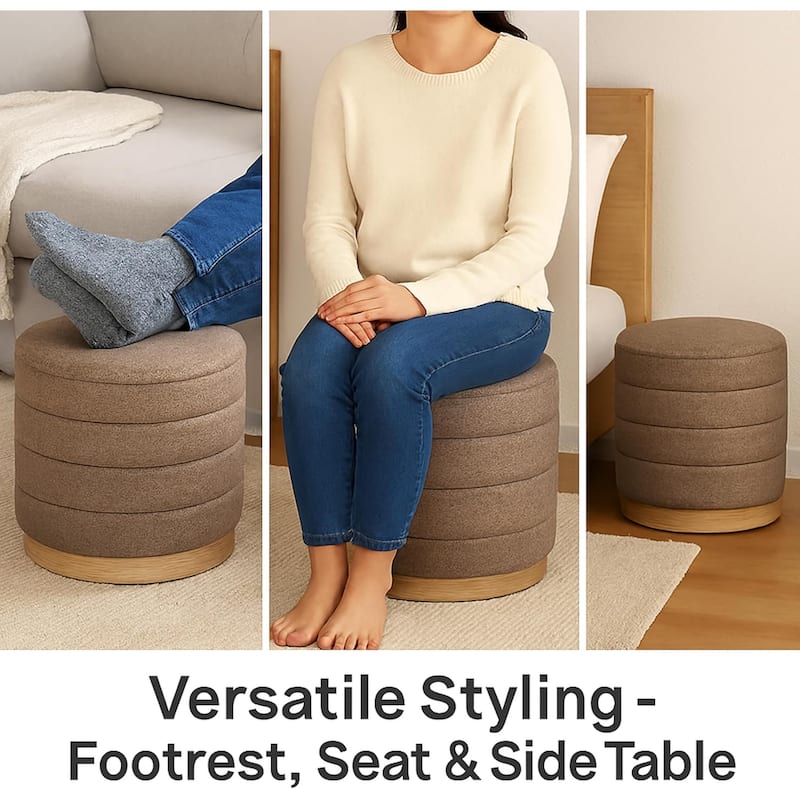 Modern Cylinder Ottoman with Hidden Storage Linen Upholstery Seat