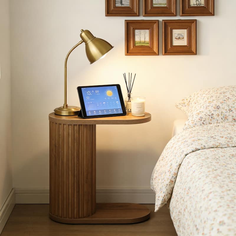 Fluted C-Shaped End Table, Modern Narrow Side Table with Oval Top