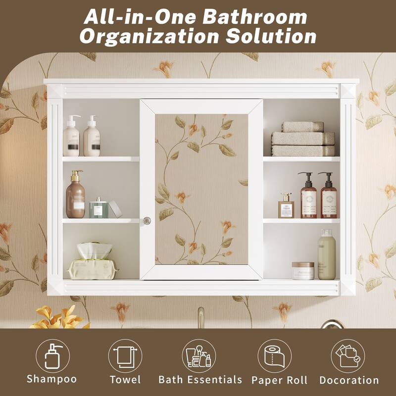 42"Wall Mounted Bathroom Storage Cabinet, Modern Wall Cabinet with Mirror, Mirror Cabinet with 6 Open Shelves