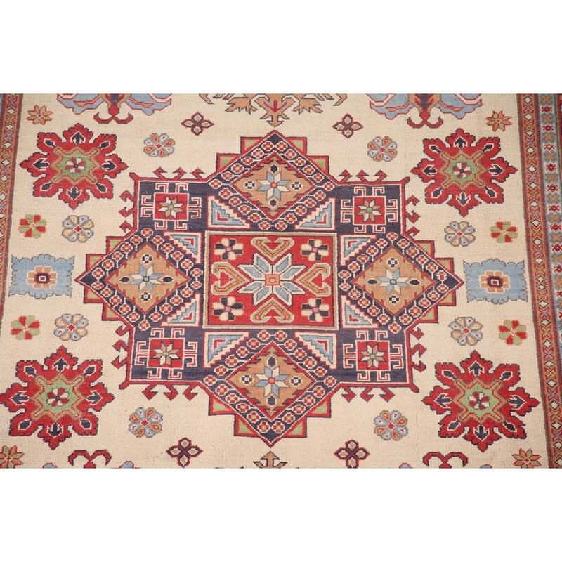 Ivory Geometric Kazak Area Rug Hand-Knotted Wool Carpet - 6'9" x 9'10"
