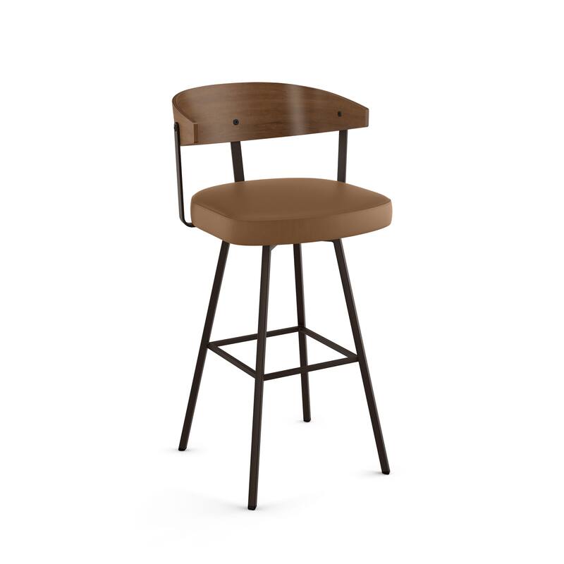 Amisco Quinton Swivel Counter and Bar Stool - Tan Faux Leather/Dark Brown/Light Brown Wood - Bar Height