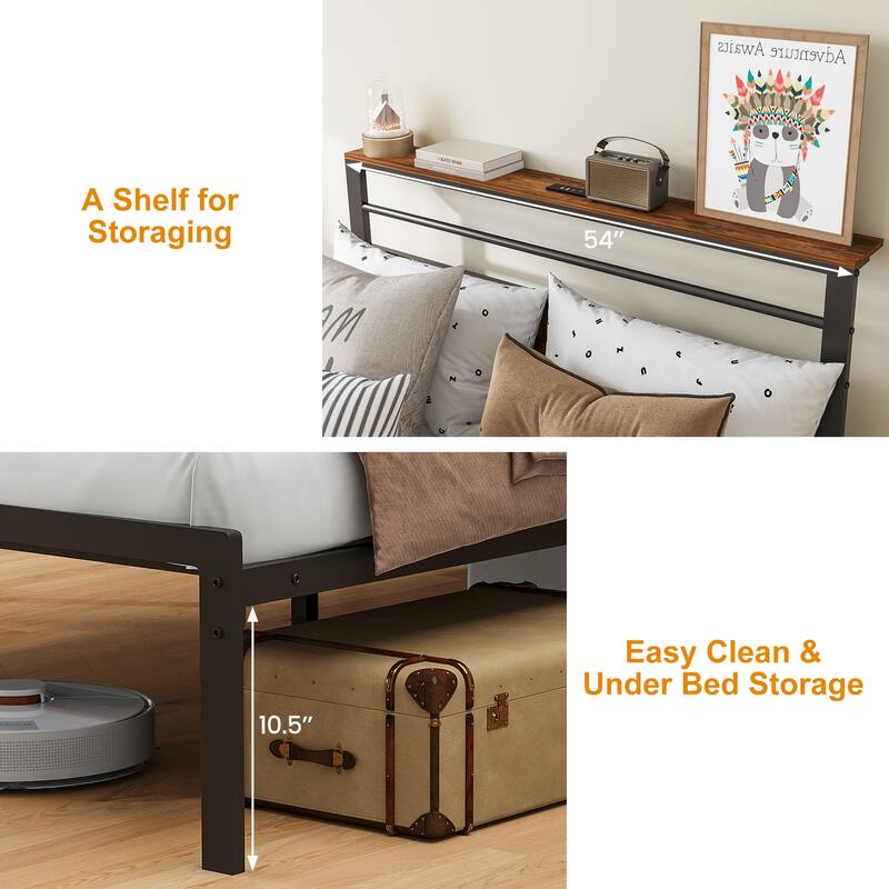 Vintage Industrial Bed Frame with Storage & LED Lights