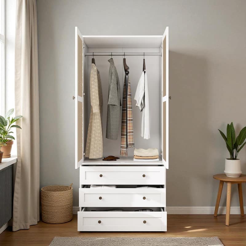Modern 2-Door 3-Drawer Wardrobe with Hollow Pattern Wood and White Finish Closet Armoire for Bedroom Dressing Room