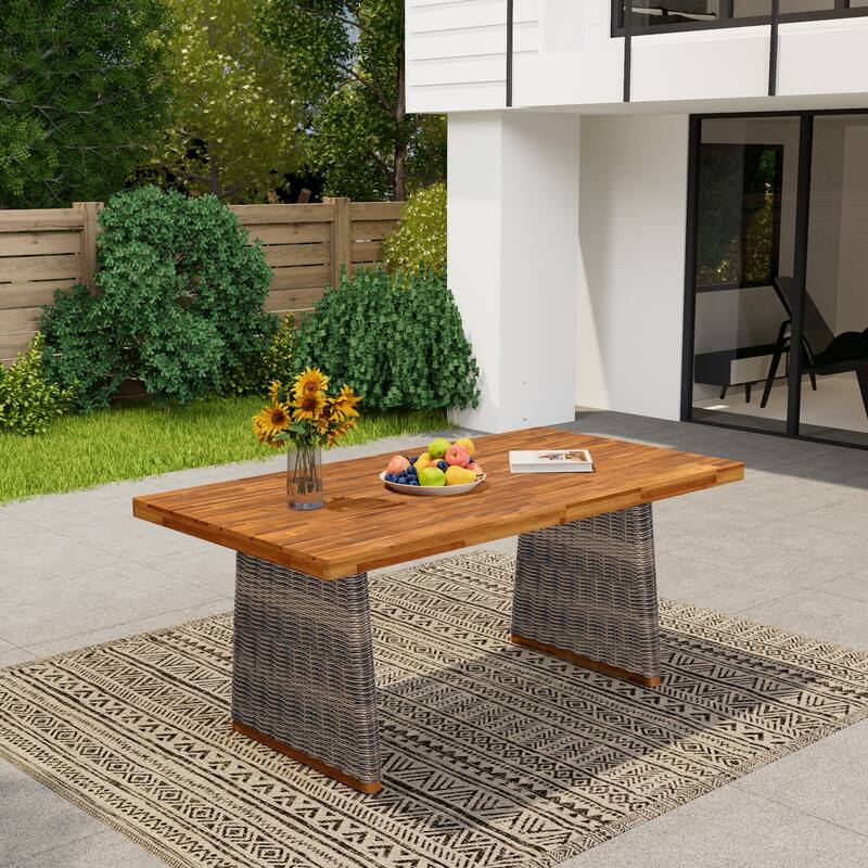 Outdoor Dining Table Acacia Wood Slatted Top with Woven Rattan Base - Grey,Teak