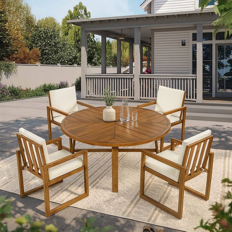 Classic Farmhouse Style 5-Piece Outdoor Patio Dining Set, Also for Indoor Use - Natural