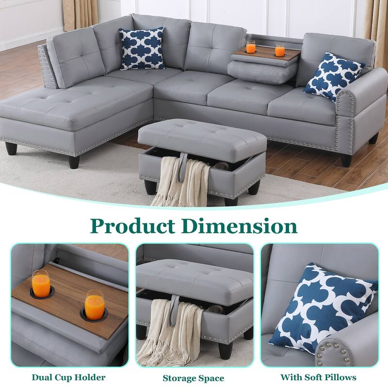 HOMEFUN Linen/Leather Upholstered L-Shaped 4-seater Multifunctional Sectional Sofa with Storage Ottoman,Cup Holder