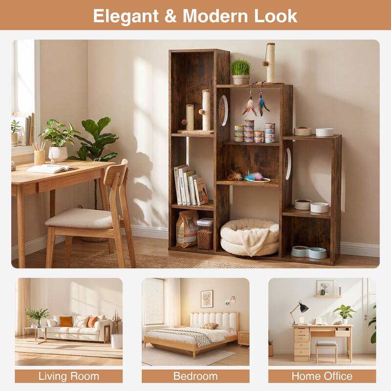 Gymax Modern Cat Bookshelf w/ 2 Round Holes Anti-Tipping Device for