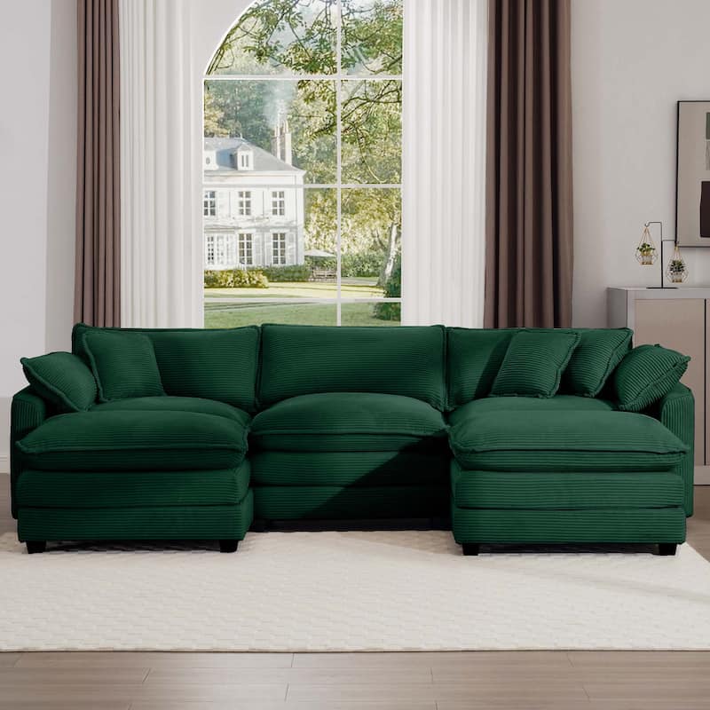 Green 115" Corduroy Cloud U-Shaped Sectional Sofa with 2 Removable Ottomans
