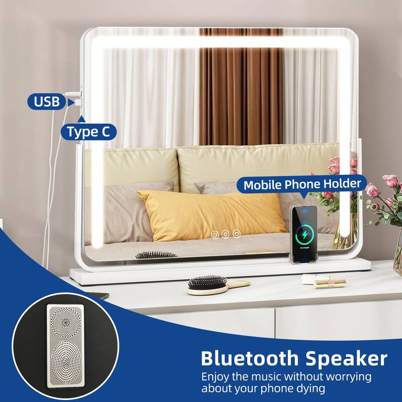 Moasis LED Lighted Makeup Mirror with Touch Screen 3 Colors Lighting Vanity Mirror w/ Wireless Charger and Speaker