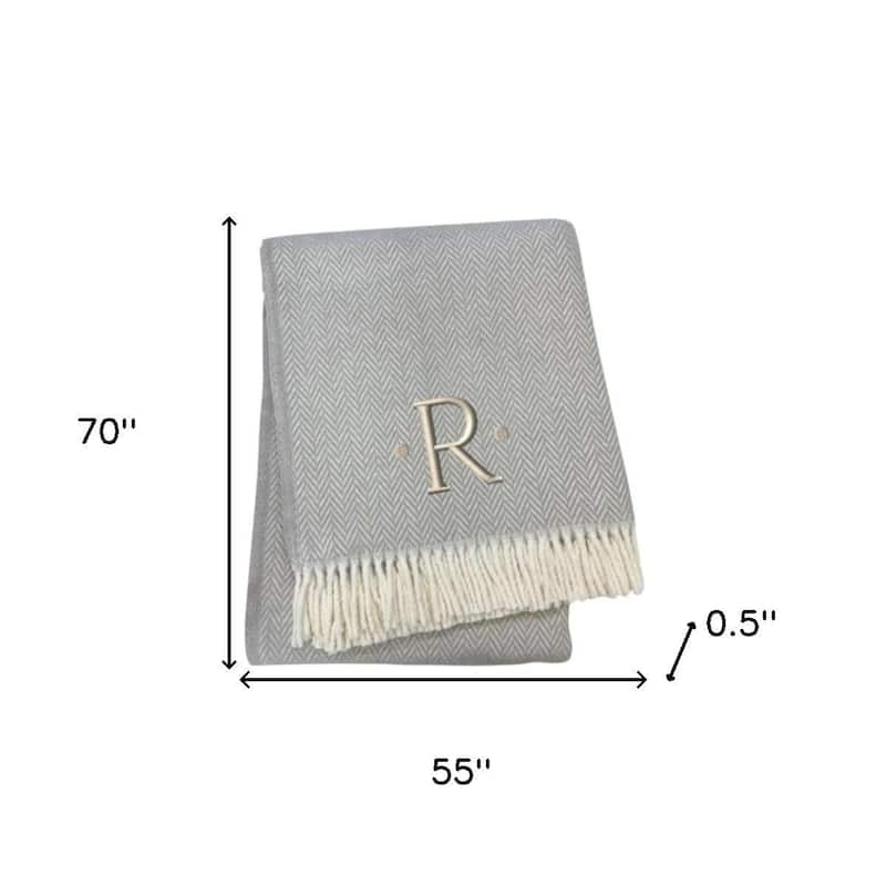 HomeRoots 55" X 70" Gray And White Herringbone Cotton Blend R Initial Throw Blanket with Tassels And Embroidery