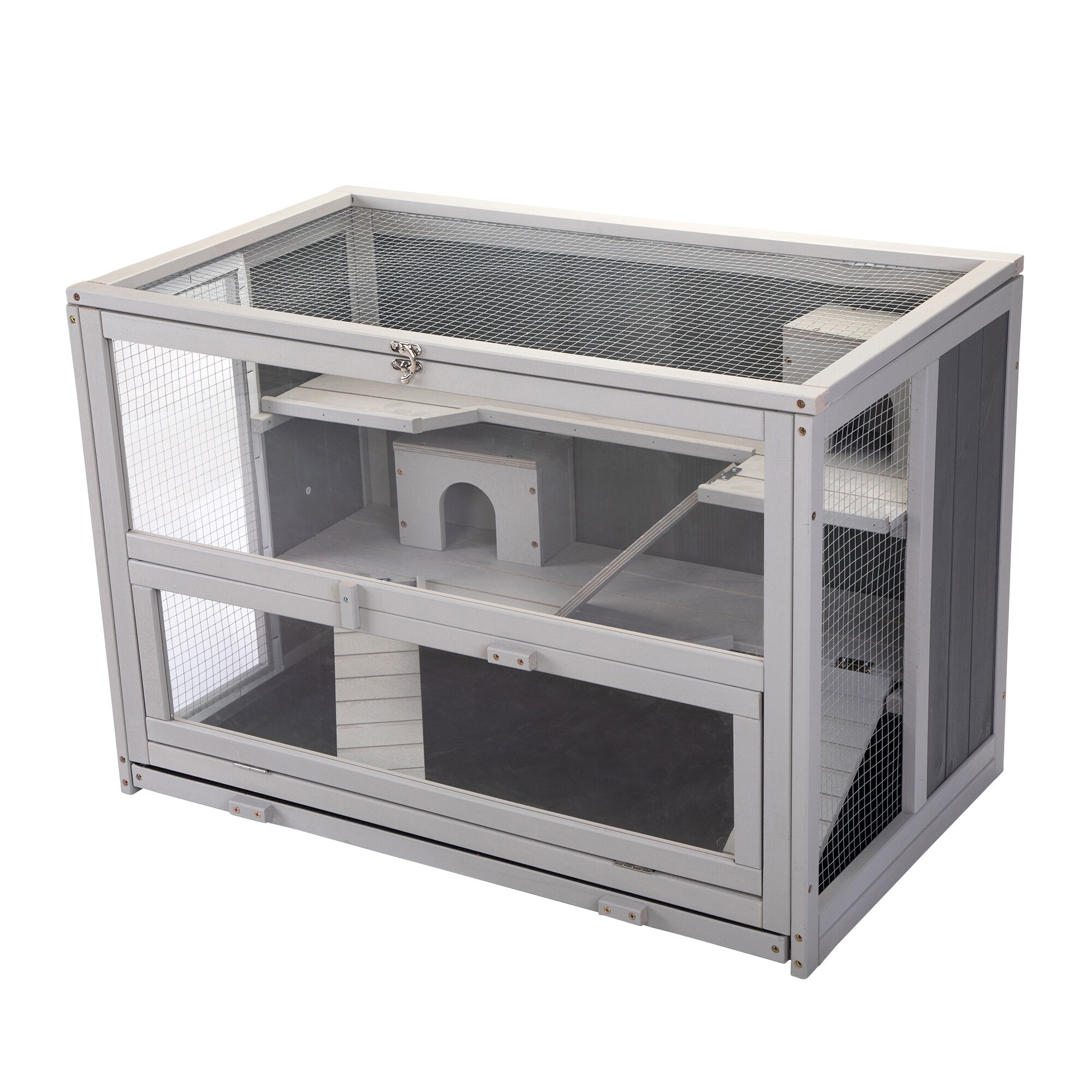 3 Tier Gray Wood Hamster Cage with Hideouts Ramps and Pull Out Tray Ideal Guinea Pig and Rat Habitat Grey