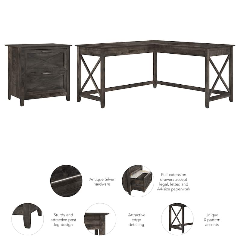 Key West 60W L Desk with 2 Drawer File Cabinet by Bush Furniture