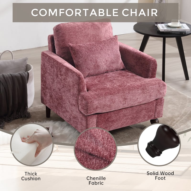 Chenille Fabric Accent Chair, Tufted Upholstered Living Room Chair, Lounge Armchair with Solid Wood Frame & Pillows - WINE RED