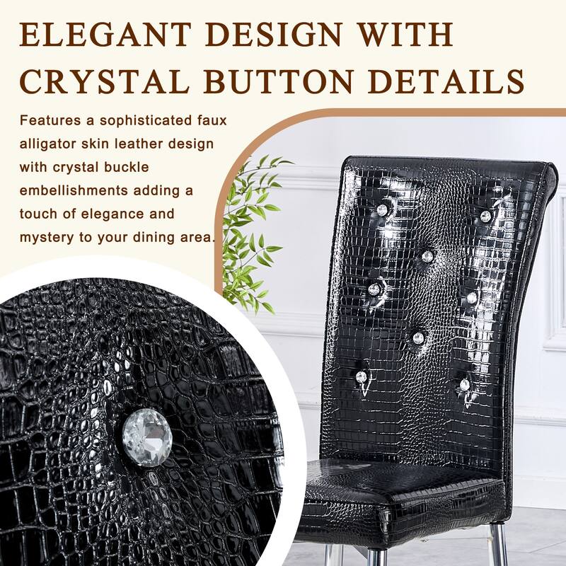 Set of 4, Retro alligator skin Upholstered dining chairs with Crystal buckle design and Faux Leather design