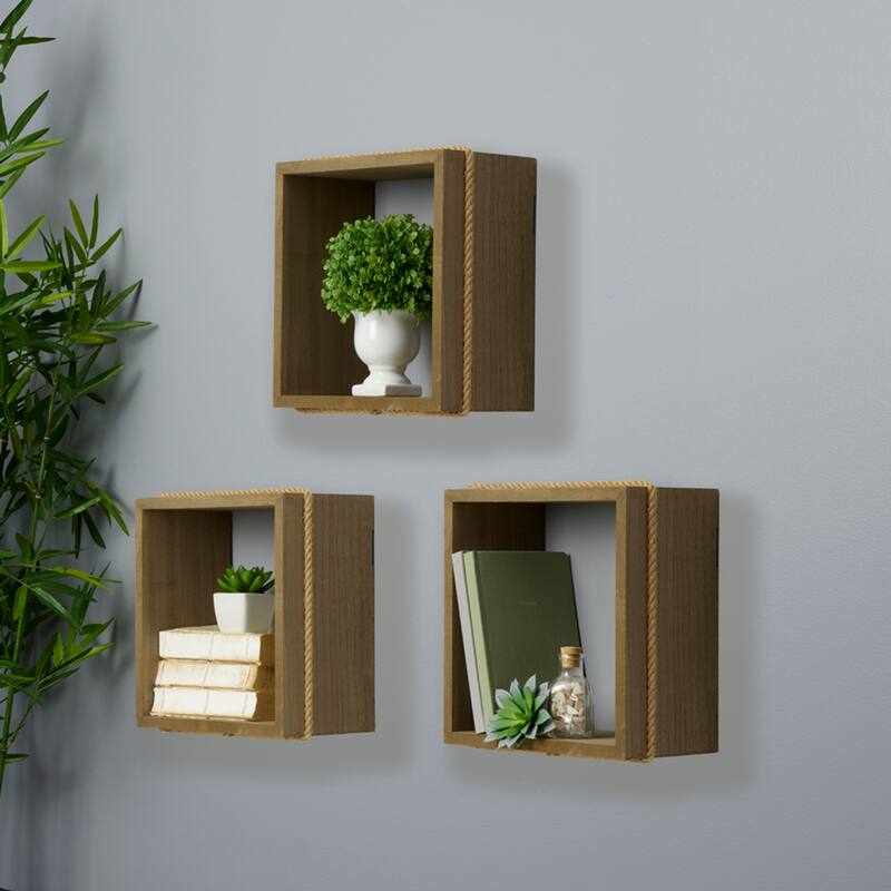 Melannco Set of 3 Floating Brown Cube Shelves, 11x11 Inch