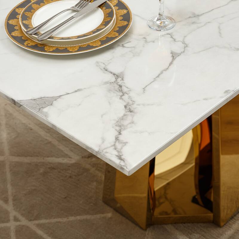 70'' Rectangle Faux Marble Dining Table with Mirrored Finish Stainless Steel Base - Gold+White