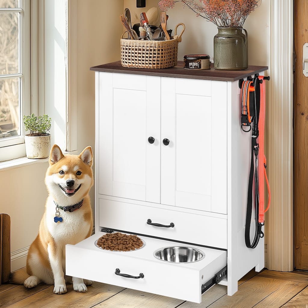 Anmytek Dog Feeding Station Cabinet with Adjustable Bowls, White - Dark Brown and White - Dark Brown and White
