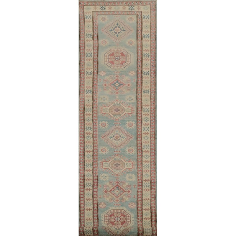 Hand Knotted Oriental 100% Wool Carpet Traditional Geometric Navy Blue & Blues Kazak Runner Rug - 13' 4'' X 2' 10''