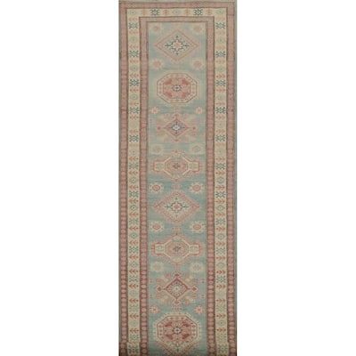 Hand Knotted Oriental 100% Wool Carpet Traditional Geometric Navy Blue & Blues Kazak Runner Rug - 13' 4'' X 2' 10''