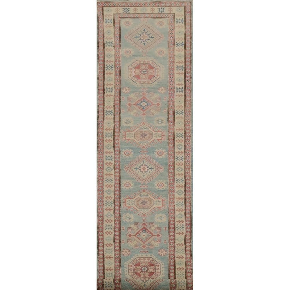 Hand Knotted Oriental 100% Wool Carpet Traditional Geometric Navy Blue & Blues Kazak Runner Rug - 13' 4'' X 2' 10''