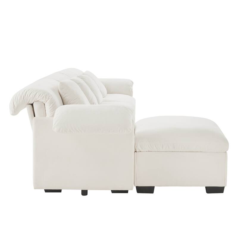 154.7" Velvet L-Shaped Sectional Sofa with Cloud Cushions & Ottoman