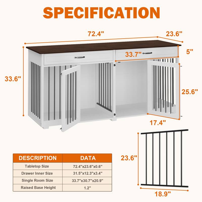 72.4 Inch Wooden Large Furniture Dog Crate with Drawers & Divider