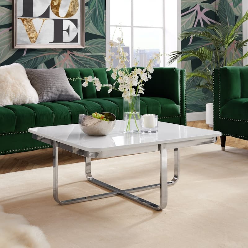 35" Sleek Square Coffee Table with Chrome Cross Legs and Stainless Steel Frame Modern Wood Design - 35.4”L x 35.4”W x 15.6”H