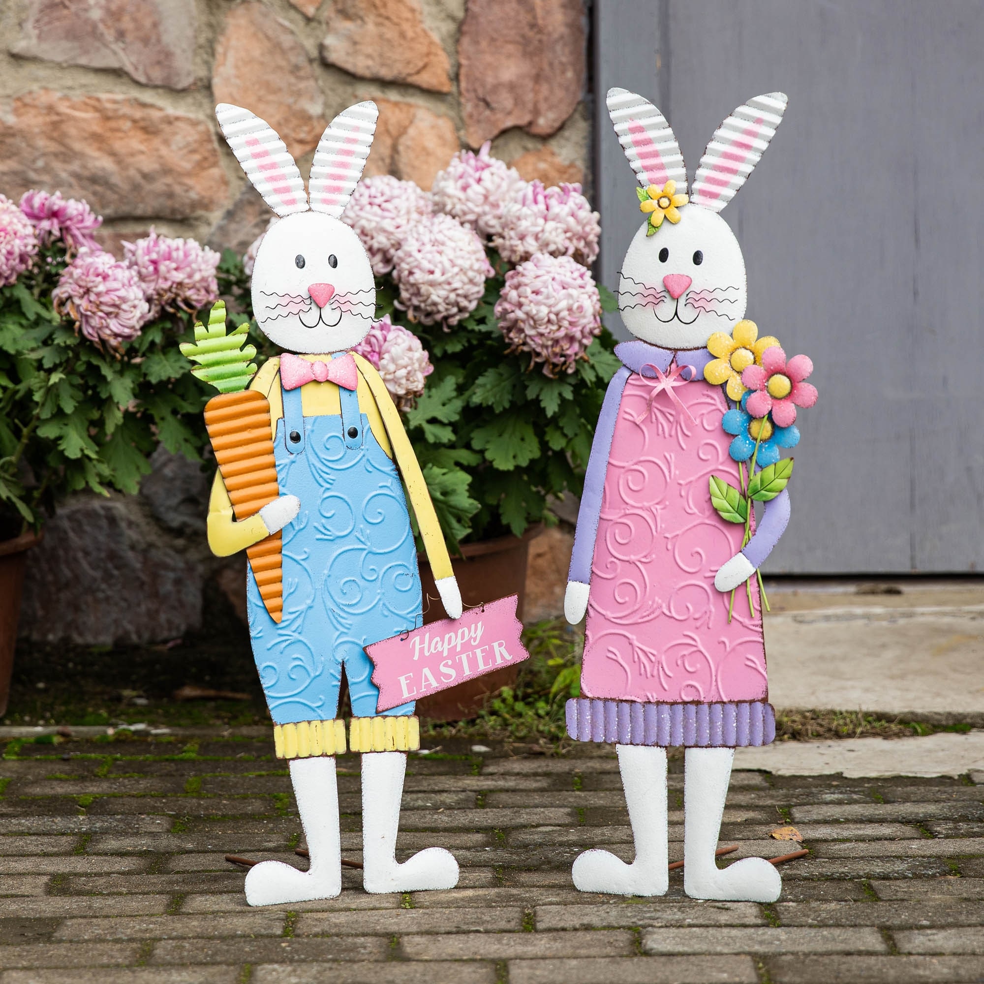 Glitzhome 36"H Set of 2 Metal Easter Bunny Girl & Boy Yard Stakes Porch Sign Wall Decor