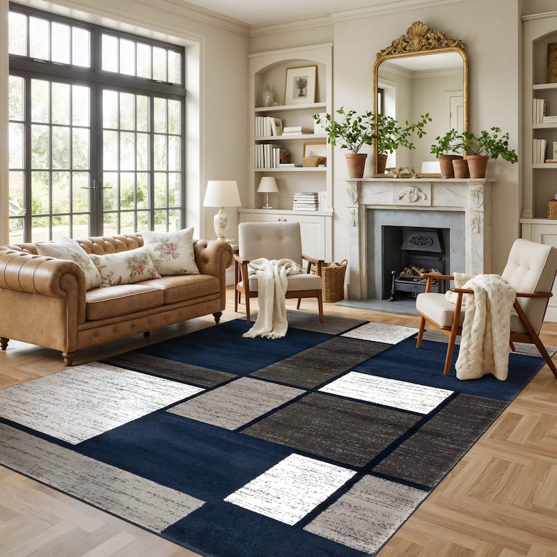 World Rug Gallery Contemporary Modern Boxed Color Block Area Rug - 7'10" x 10'2" - Navy