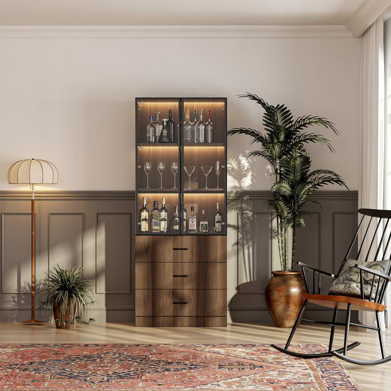 Bookshelves Bookcase Modular Glass Display Cabinet with LED Lights, Dark Wood Storage Combination Cabinet System