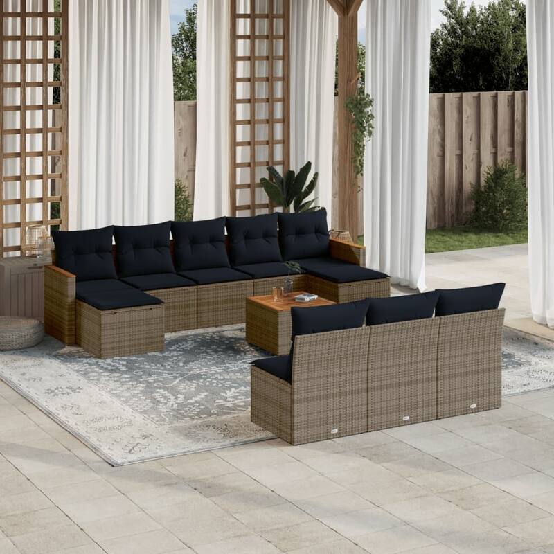 vidaXL 10/11 Piece Patio Sofa Set with Cushions Black/Gray Poly Rattan - Gray With table