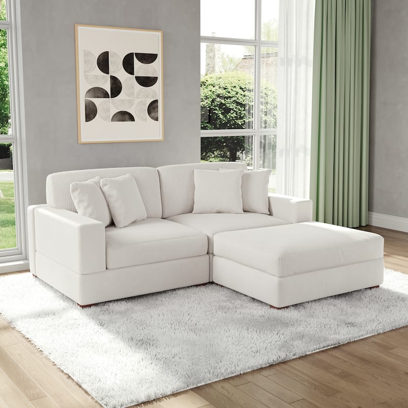 Modular Corduroy Sectional Sofa Set Chaise Couch with Ottoman