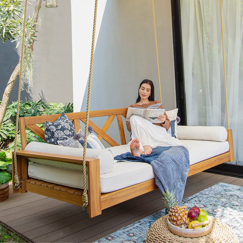 Cambridge Casual Logan Teak Outdoor Porch Swing Daybed with Cushion