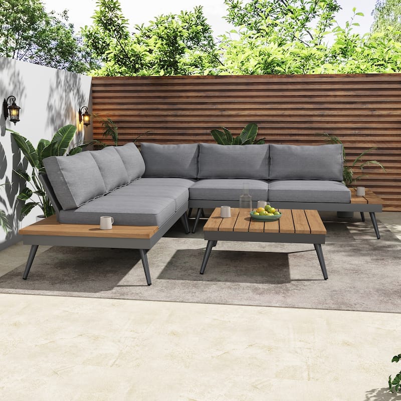 Norfolk Outdoor V-Shaped 5 Seater Sofa Set by Christopher Knight Home - natural finish + grey