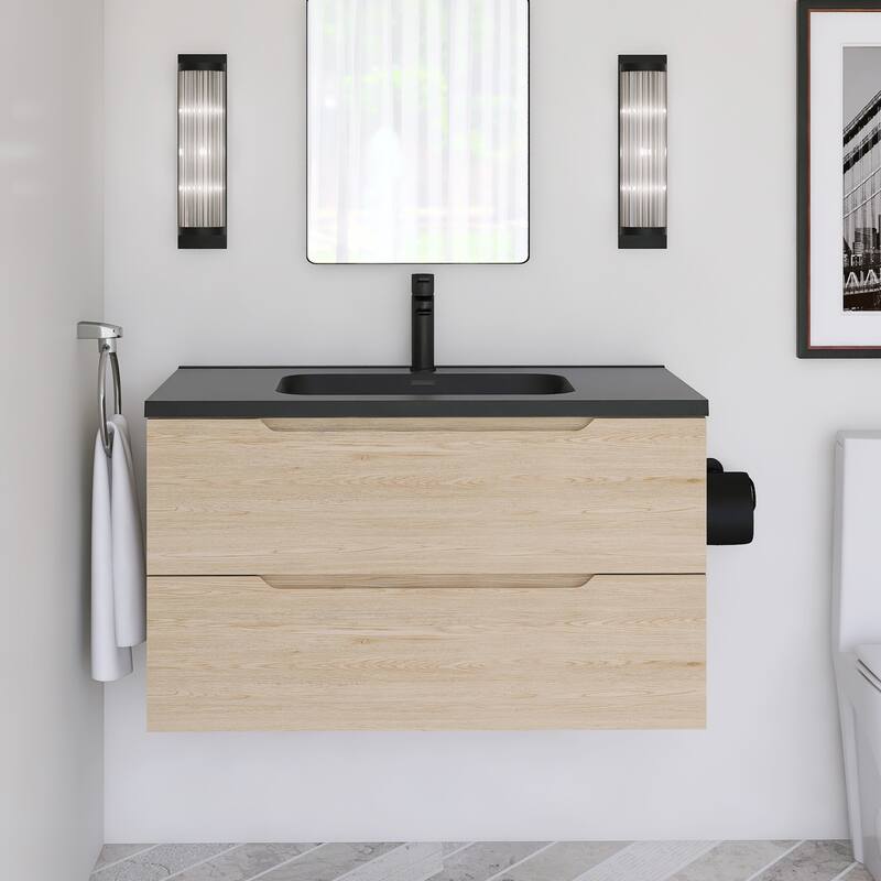 Floating Bathroom Vanity in Evita Oak with Integrated Quartz Sand Top - 35.43'' x 18.90'' x 20.39''