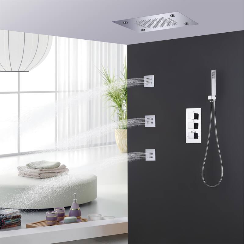 LED 4-Way Complete Rain and Waterfall Shower System with 3 body Jets & High-pressure Handheld, Ceiling Mounted